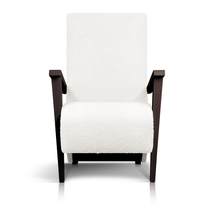 Sillón Cádiz tapizado en tejido bouclé con brazos de haya color nogal