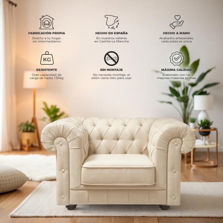 Sillón Chesterfield con capitoné real tapizado en tela