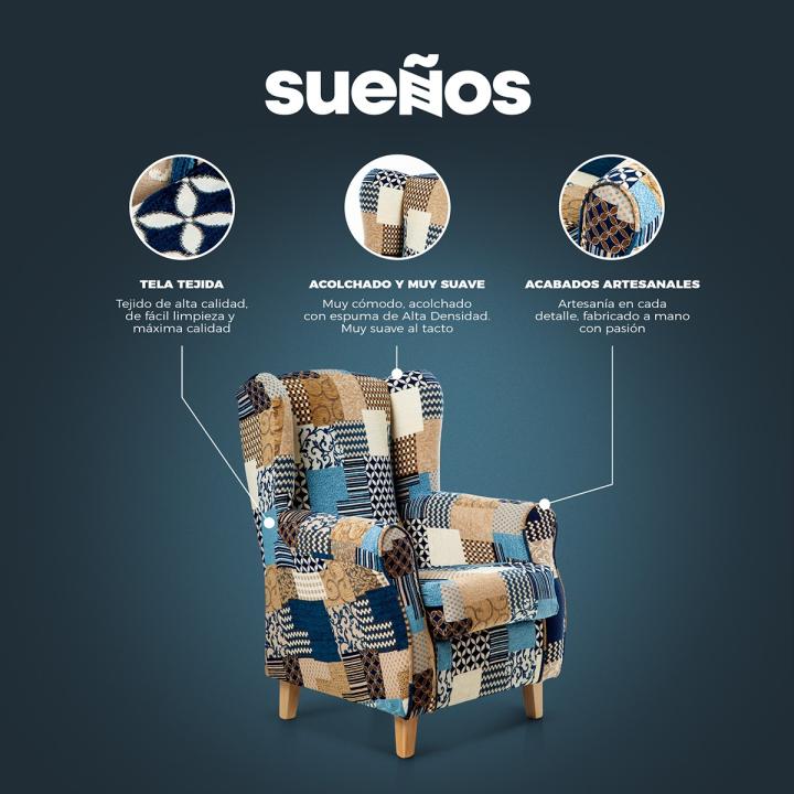 Sillón orejero tapizado estampado  PATCHWORK