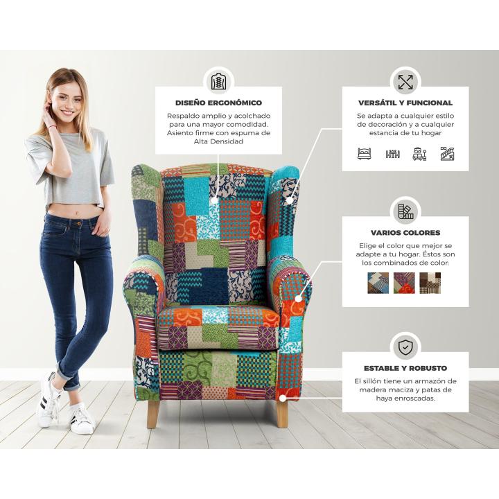 Sillón orejero tapizado estampado  PATCHWORK